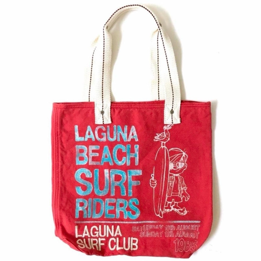 Hollister Y2K Red White Canvas Tote Bag Purse California Laguna Beach Surf Rider